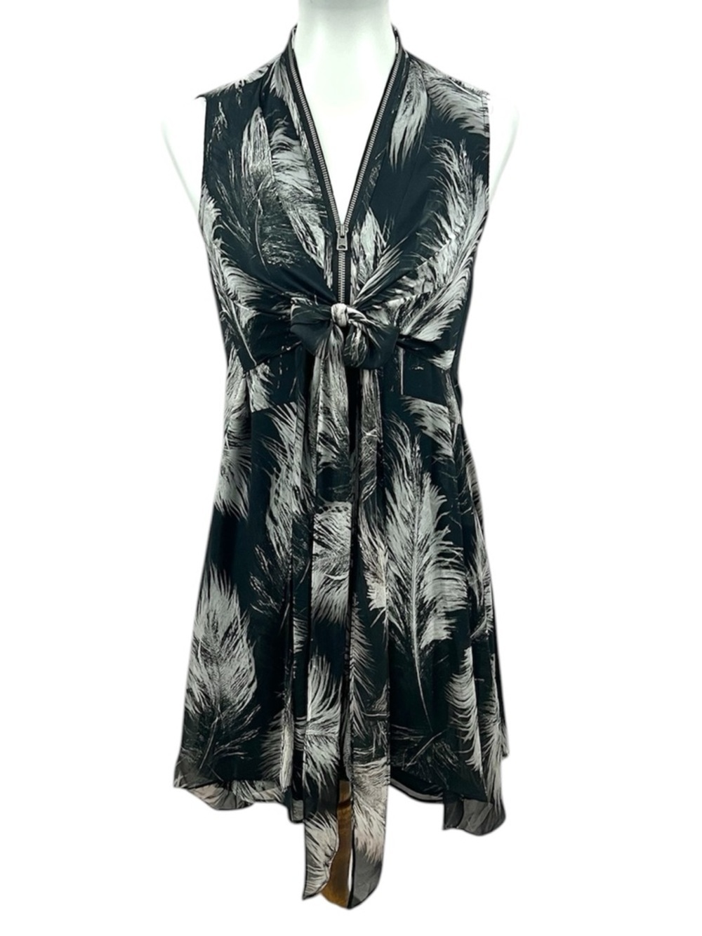 ALL SAINTS Jayda Boho Feather Print Zip Front Draped Flowy Sleeveless Dress